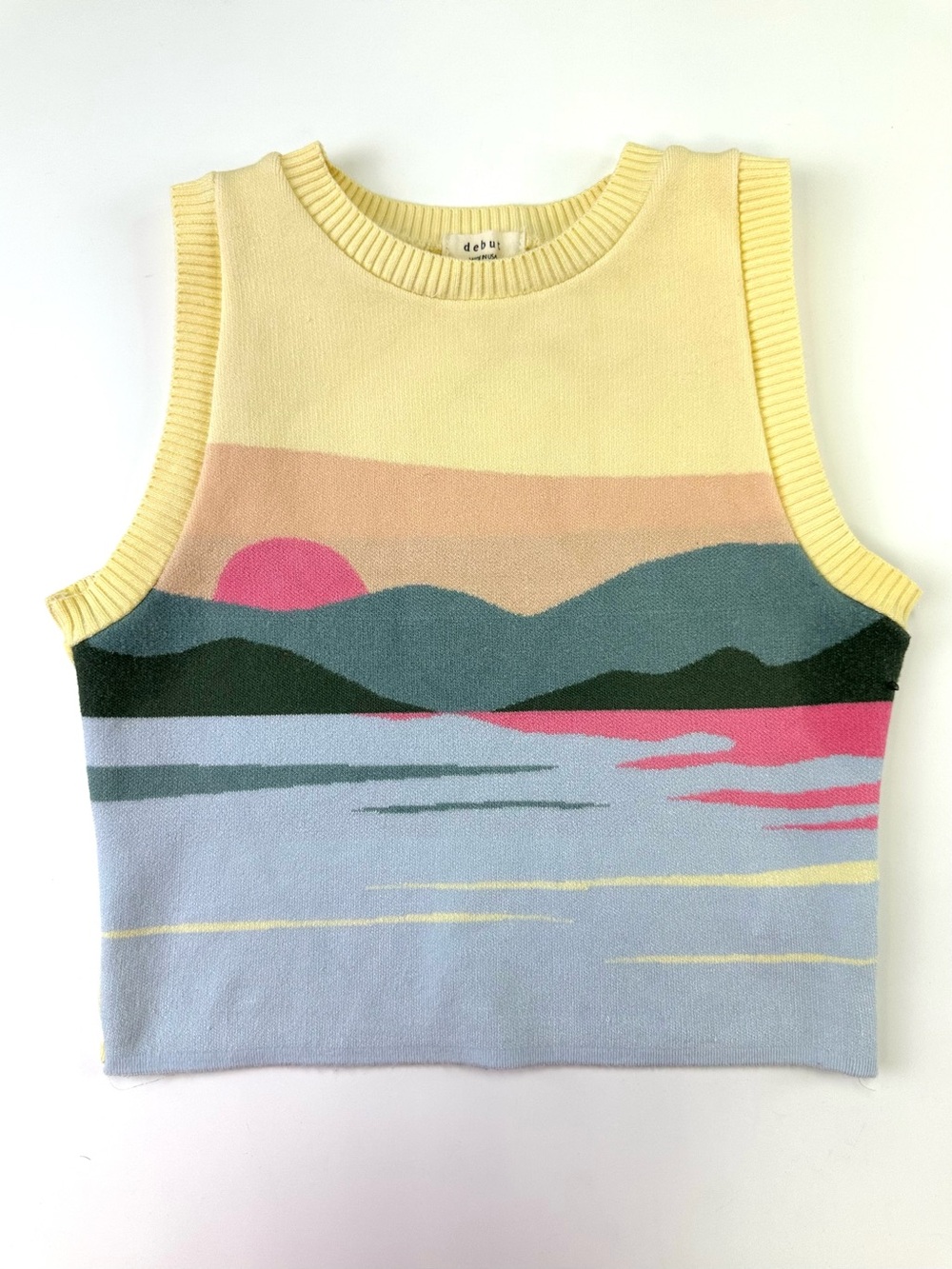 Debut Sunset Landscape Knit Sweater Vest Sleeveless Crop Top Small